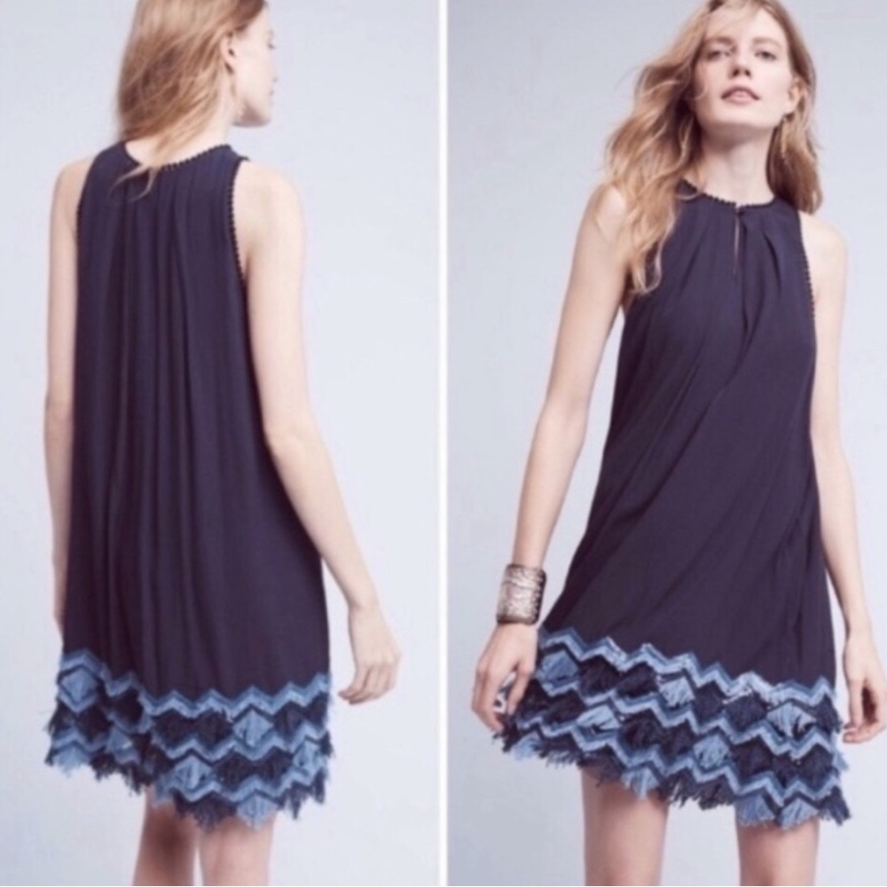 Anthropologie Maeve Swing Navy Fringe Dress Size 0